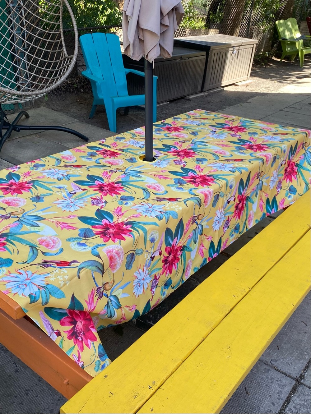 Yellow Floral Outdoor Tablecloth with Tropical Print zipper opening for umbrella